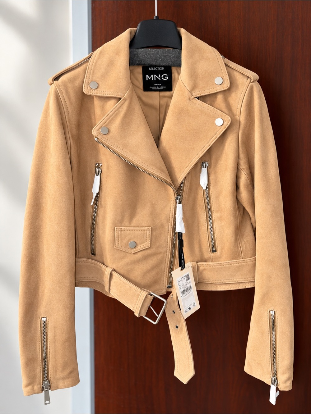 Mango Tan Suede Biker Jacket with Belt